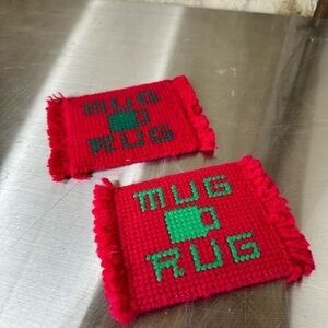 Vintage Handmade Mug Rugs Set of Two in Red and Green